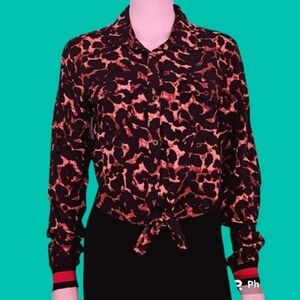 TRUTH NYC 1980s Tortoise Print Cropped Bow Tie Waist Baddie Shirt